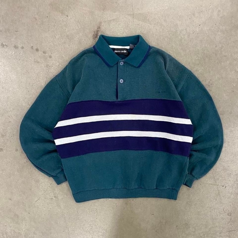 Vintage Pierre Cardin 3 Toned Striped Quarter Button Longsleeve Collared Size L